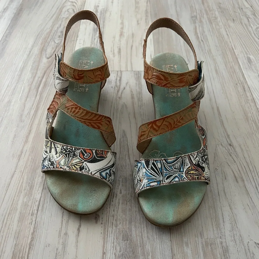 Spring Step L'Artiste Marvel Leather Sandals Multi Color Floral Boho Heel 38